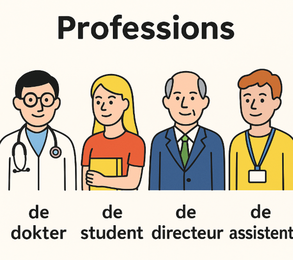 Infographic showing Dutch professions that use the article de, including de dokter, de student, de directeur and de assistent.