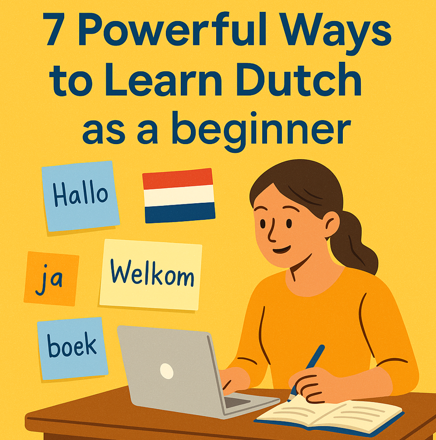 Beginner studying Dutch with a laptop and notes to learn Dutch fast